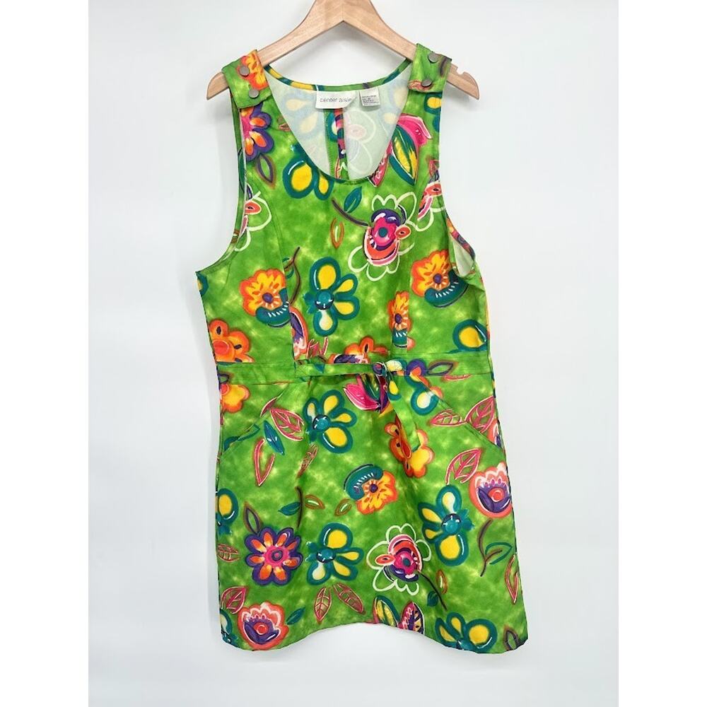 Vintage Center Aisle Tunic Top Mini Dress Medium Green Colorful Hippie Flower